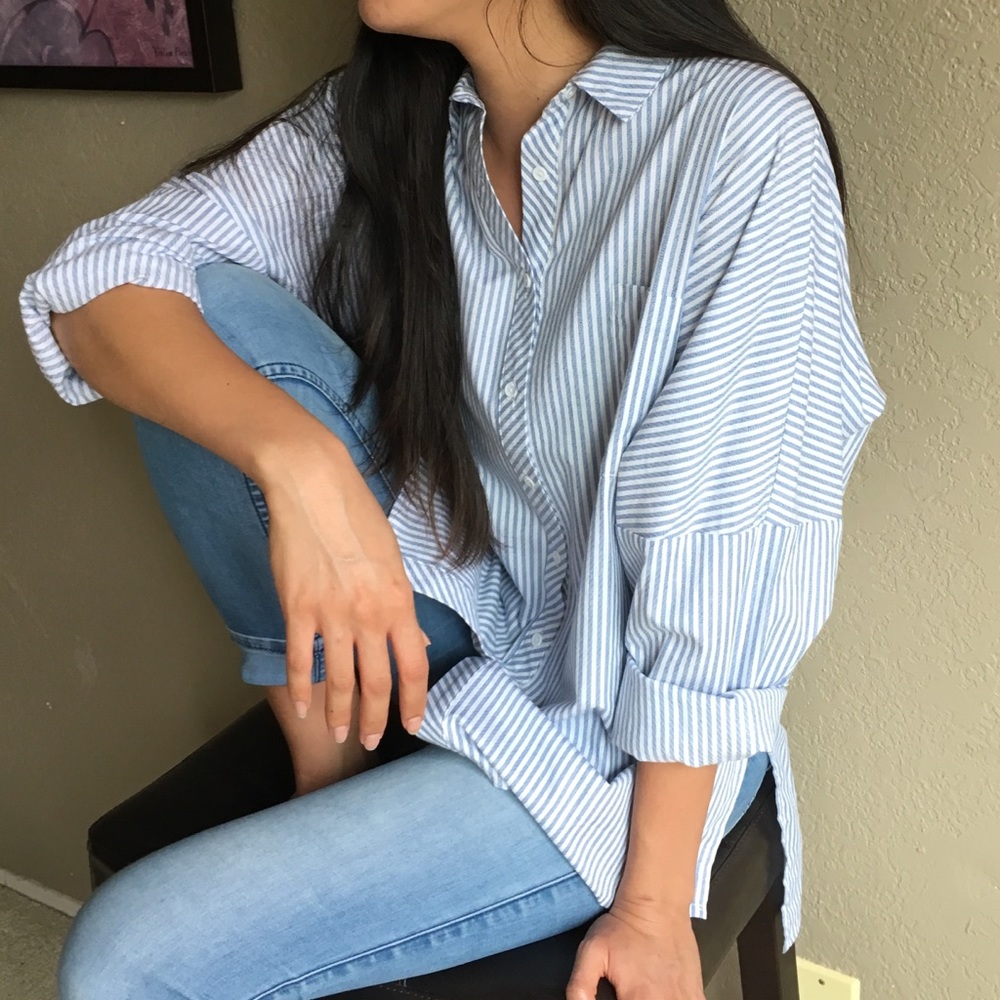 Blue and White Striped Boyfriend Shirt